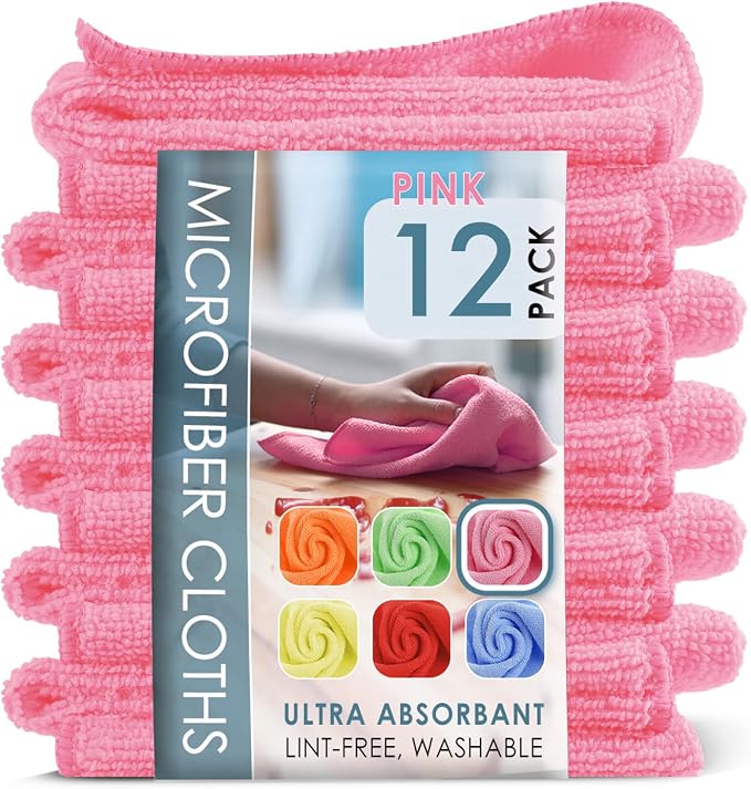 Hearth & Harbor Microfiber Cleaning Cloths, 12 Pack Pink Reusable Towels by HearthHarbor