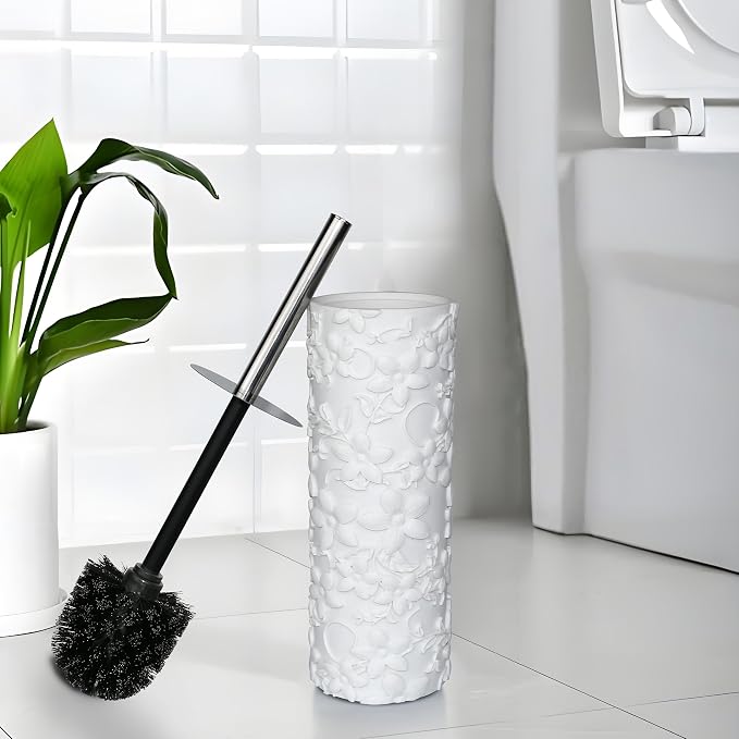White Floral Design Resin Toilet Bowl Holder and Brush Set, Stylish Bathroom - Image 3
