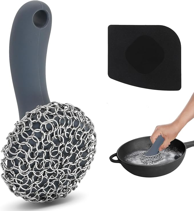 Cast Iron Scrubber with Long Handle | 316 Cast Iron Cleaner Chainmail Scrubber by TMEDW