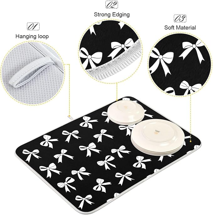 Black Bow Dish Drying Mat for Kitchen Countertop 18x24 Bowknot Coquette - Image 4