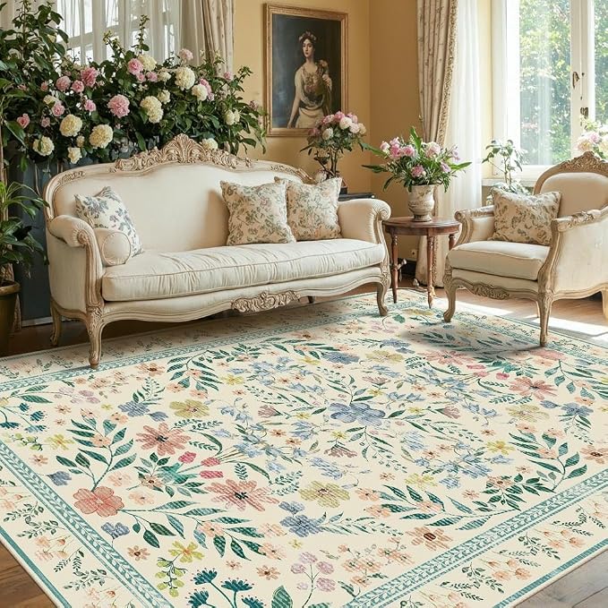 Floral Rug for Living Room Bedroom, 5x7 Washable Rug, Large Non Slip Low Pile - Image 2