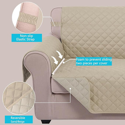 U-NICE HOME Recliner Chair Covers Reversible Chair Cover Pet Covers for Dogs with Elastic Straps Water Resistant Diamond Quilted (28''Recliner Oversized, Sand/Beige)