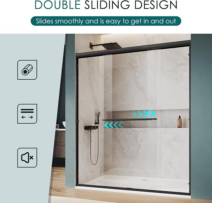 ELEGANT Double Sliding Shower Door 56-60" W x 72" H, Semi-Frameless Bypass - Image 5