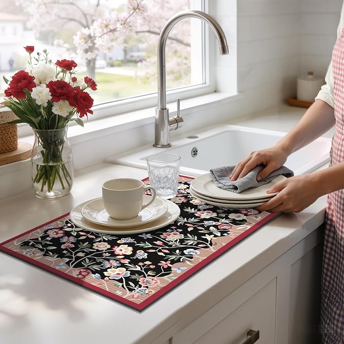 LOKHOM Floral Dish Drying Mat, Cuttable Hide Stain Drying Mat - Image 8