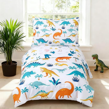 PERFEMET 4 Pieces Toddler Bedding Set Cartoon Dinosaur Print Comforter Sheet Set for Boys Microfiber Soft Toddler Comforter Set Includes Comforter, Flat Sheet, Fitted Sheet and Pillowcase, Colorful