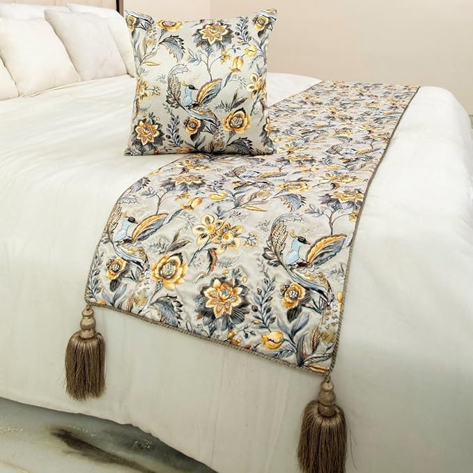The HomeCentric King/Queen/Twin Grey & Yellow Decorative CA King 86"x18" Bed Runner Without Pillow Cover, Peacock, Quilted & Tassels Bed Scarf on Satin Fabric - Peacock Swag