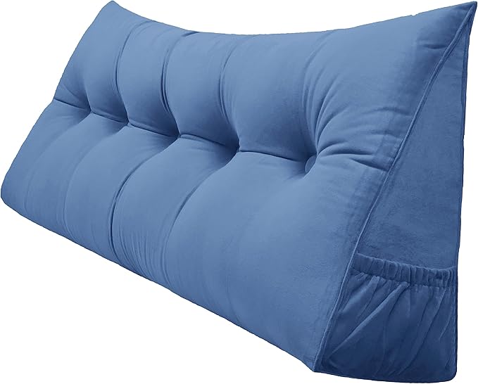 Triangular Reading Bed Rest Pillow Large Bolster Cushion Headboard Backrest Wedge Pillow with Removable Cover and Two Large Side Pockets (Steel Blue, King: 78 x 8 x 20 inches)