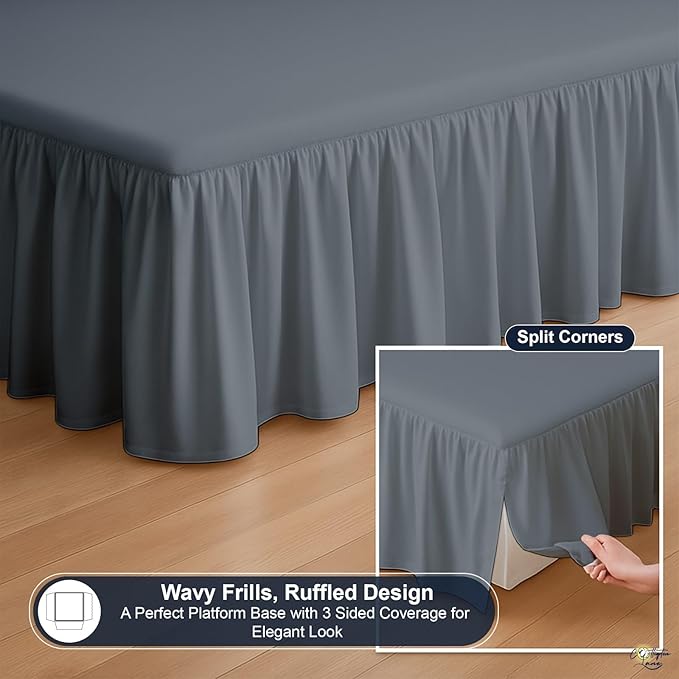 Cottington Lane Ruffled Bed Skirt Full Size with Split Corner, Brushed Microfiber Hotel Quality Dark Grey Dust Ruffle, 21 Inch Drop Gathered Bedskirt, Soft and Stylish, Shrinkage and Fade Resistant
