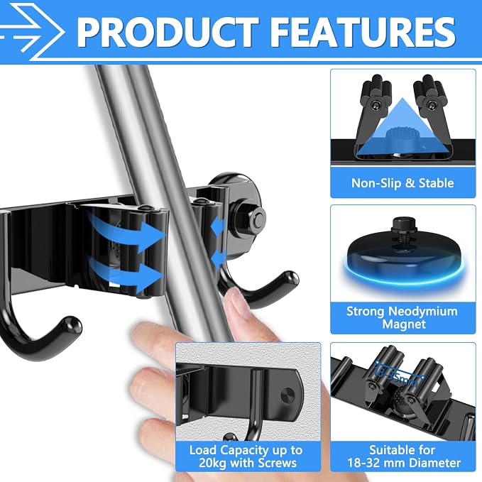 3-H Magnetic Broom Holder Wall Mount 1 Pack, 2-in-1 Dual Mount, 304 Stainless - Image 4