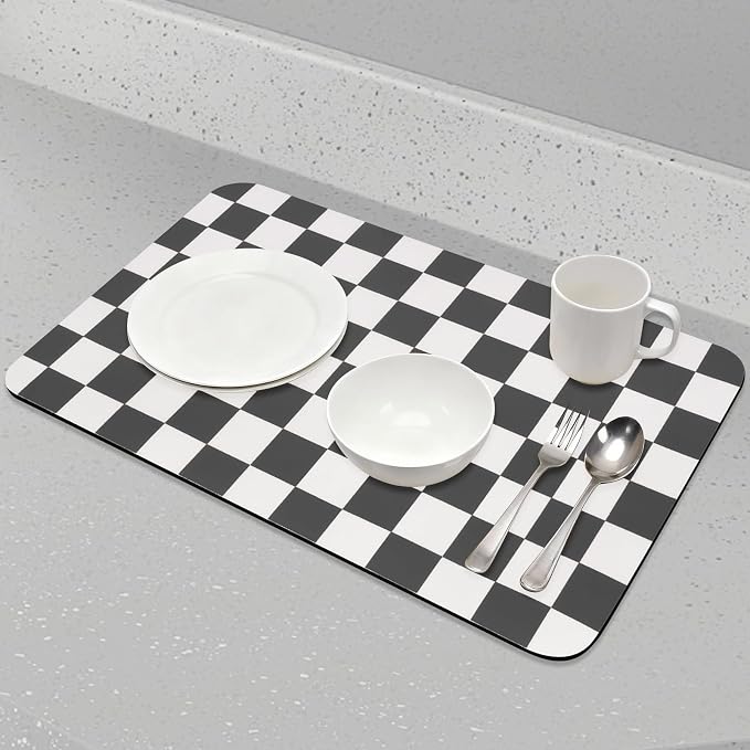 Checkered Dish Drying Mat for Kitchen Counter, Absorbent Non-Slip Coffee Mat - Image 5