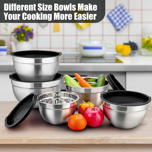 P&P CHEF Mixing Bowls with Airtight Lids Set of 5, 10-Piece Stainless Steel - Image 2