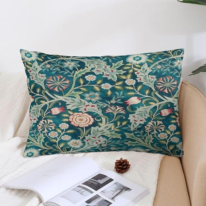 Teal Green Blue Vintage Floral Botanical William Morris Throw Pillow Covers 12x20 Inch Aesthetic Pillow Velvet Decorative Pillowcase Home Decor Living Room Cushion Case for Bed Sofa Couch