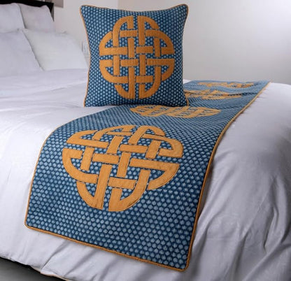 The HomeCentric Blue Bed Runner, Queen Size 74"x18" Decorative Bed Runner with 2 Matching Pillow Cover, Blue Cotton Bed Scarf in Quilted, Beehive Denim with Applique - Denim Love