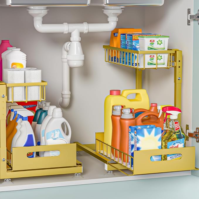 L-Shaped Under Sink Organizer, 2 Pack 2-Tier Pull Out Metal Kitchen Cabinet by Saydear