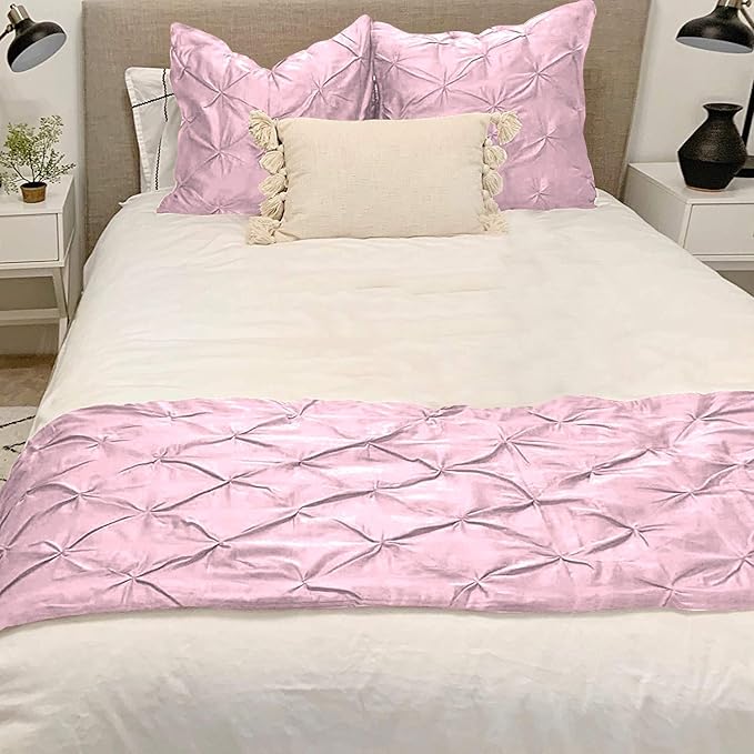 Bed Runner Set - 100% Pure Cotton 800 Thread Count - Luxury 1 Pinch Pleated Bed Runner and 2 Pillow Cover - 3 Piece Pinch Pleated Bed Runner Set King, Pink