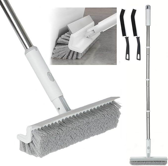 Floor Scrub Brush with Long Handle, 2 in 1 V-Shape Grout Brush with Squeegee + by VigilLox