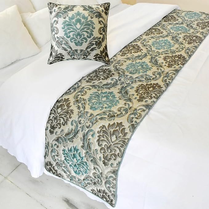 The HomeCentric King/Queen/Twin Blue Decorative CA King 86"x18" Bed Runner with 2 Pillow Cover, Damask Bed Scarf on Jacquard Fabric - Royal Elegance