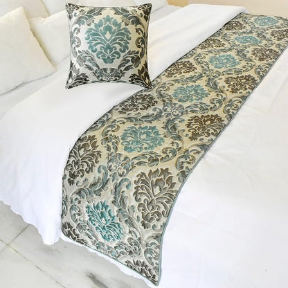 The HomeCentric King/Queen/Twin Blue Decorative Full 68"x18" Bed Runner with 2 Pillow Cover, Damask Bed Scarf on Jacquard Fabric - Royal Elegance