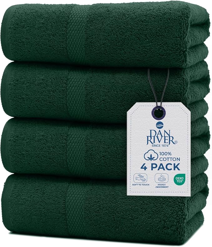 DAN RIVER Bath Towels Set of 4, 27 x 54 Inches, 100% Cotton, Larger & Lighter by DanRiver