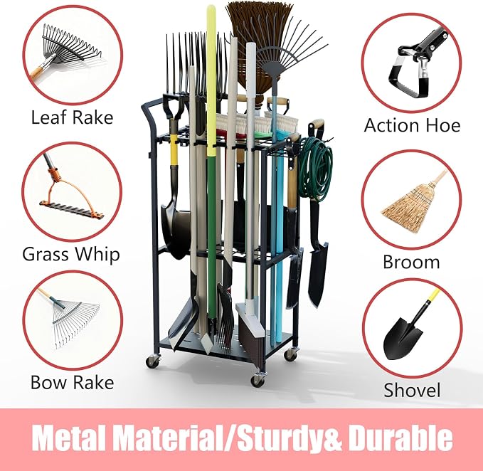 Garden Tool Organizer with Wheels, Heavy Duty Rolling Yard Tool Rack with 14 - Image 5