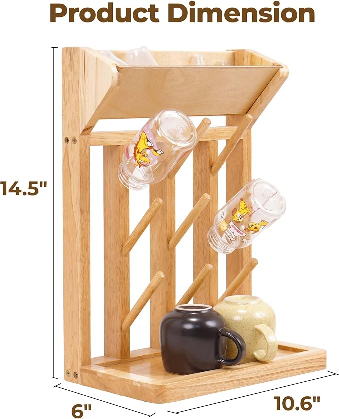 Natural Vertical Bottle Drying Rack Rubber Wood 9 Hooks, Use - Image 2
