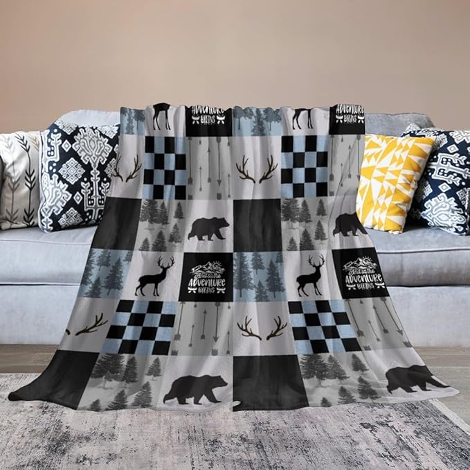 Bear Cabin Plaid Blanket, Rustic Retro Bear Deer Patchwork Gray Blue Farmhouse Throw Blanket for Couch Bed Living Room, 50"x60"