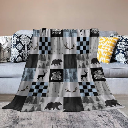 Bear Cabin Plaid Blanket, Rustic Retro Bear Deer Patchwork Gray Blue Farmhouse Throw Blanket for Couch Bed Living Room, 50"x60"