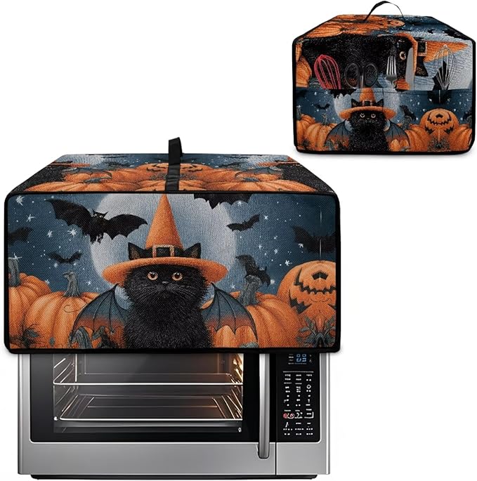 Bat Cat Pumpkin Moon Print Toaster Oven Cover Dust-Proof Microwave Oven Grill Cover Protector with Top Handle Reusable Reusable Kitchen Accessories for Halloween Decor, M