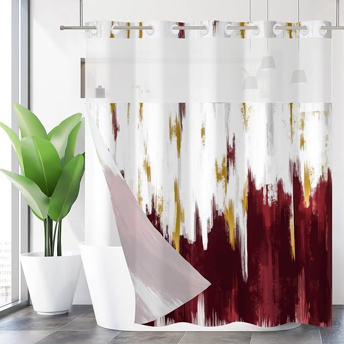 No Hook Shower Curtain with Snap in Liner, Hotel Style Burgundy Red White Gold by Caheansi