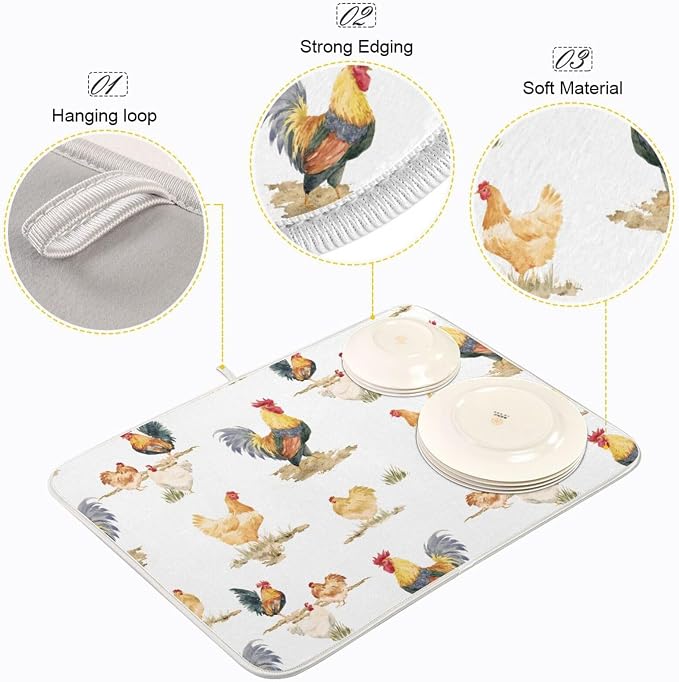 Tarity Watercolor Chickens And Rooster Dish Drying Mat - Image 4
