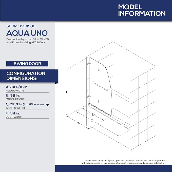 DreamLine Aqua Uno 34 in. W x 58 in. H Frameless Hinged Tub Door in Brushed - Image 2