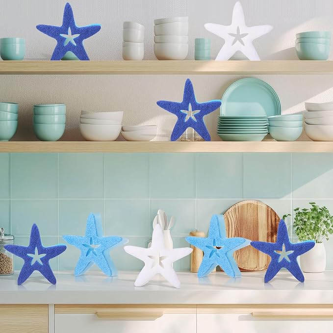 Tioncy 12 Pack Summer Starfish Kitchen Sponges Bulk Dual Sided Scrubber White - Image 2