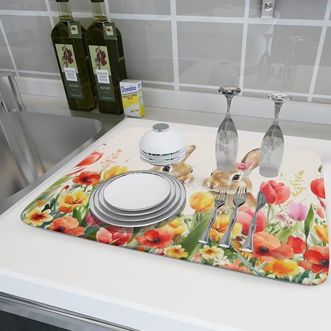 Easter Bunny Dish Drying Mat 18x24 inch Spring Floral Drying Pad Holiday - Image 6