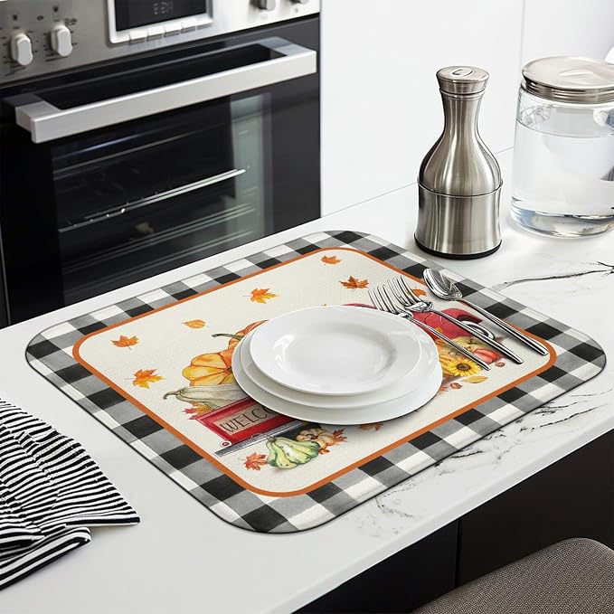 Fall Dish Drying Mat for Kitchen Counter, Autumn Buffalo Plaid Truck Pumpkin - Image 3