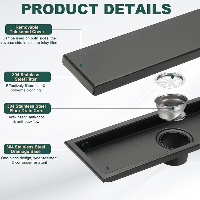 uxcell Rectangular Shower Drain, Brushed 304 Stainless Steel Odor-Proof Floor - Image 3