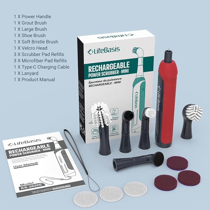 LifeBasis Rechargeable Power Scrubber 11-Piece Kit, Cordless Electric Cleaning - Image 9