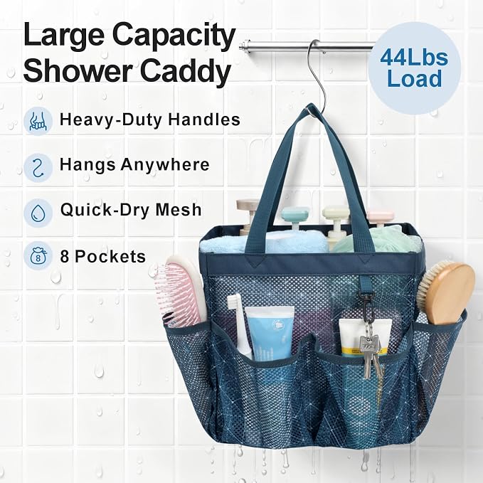 F-color Mesh Shower Caddy Portable, Upgrade Deeper 7 Pockets Shower Bag Basket - Image 3
