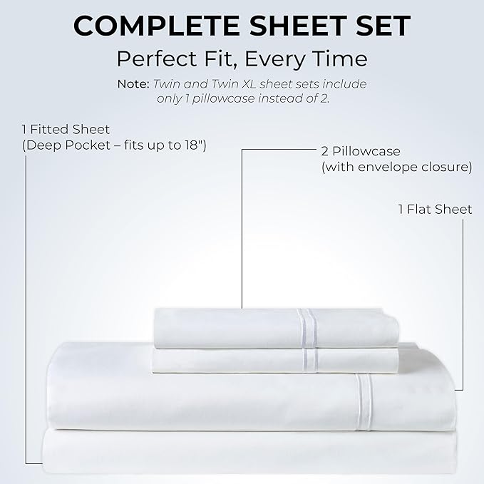 100% Natural Cotton Bed Sheets | 500 TC Single-Ply Sateen Weave King Size Sheets Set | Breathable & Hypoallergenic Solid 4-Piece Bedding with Deep Pocket Fitted, Flat, Pillowcase | White
