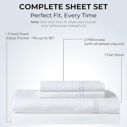 100% Natural Cotton Bed Sheets | 500 TC Single-Ply Sateen Weave King Size Sheets Set | Breathable & Hypoallergenic Solid 4-Piece Bedding with Deep Pocket Fitted, Flat, Pillowcase | White