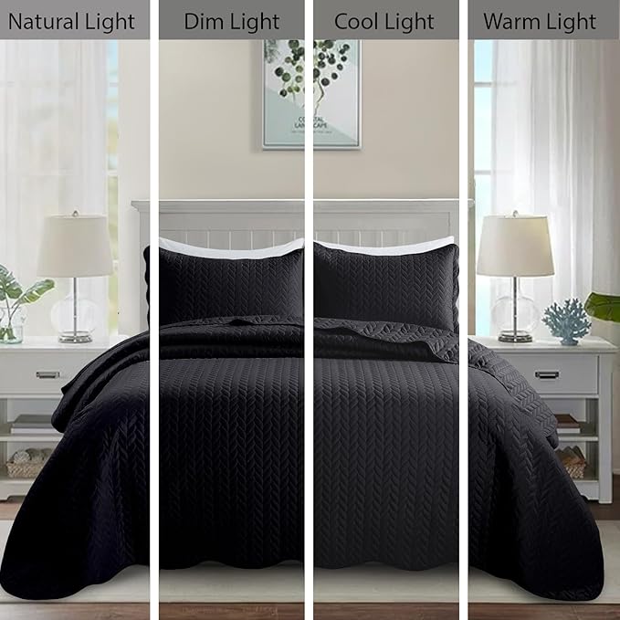 IR Imperial Rooms King Quilt Bedding Set Size (106" x 96") + 2 Pillow Shams (20" x 36"+ 2") - 3 Pcs All Season Lightweight Reversible Microfiber Coverlet Embossed Quilt Bedspread (Black)