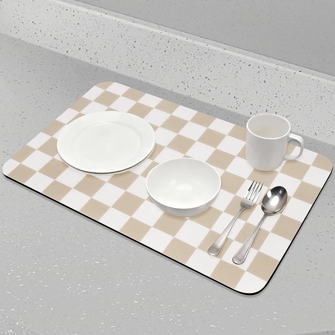 Checkered Dish Drying Mat for Kitchen Counter, Absorbent Non-Slip Coffee Mat - Image 5