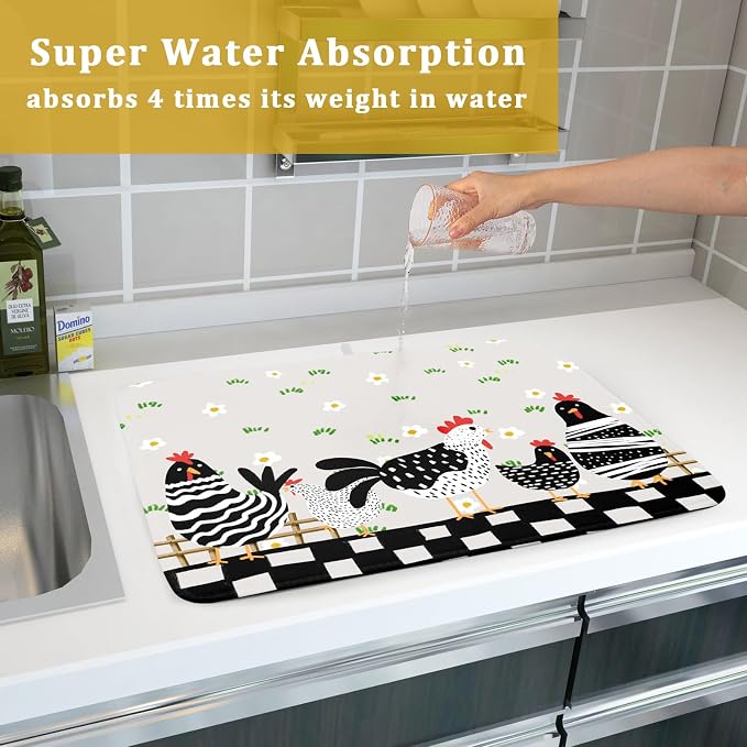 Black Rooster Dish Drying Mat for Countertop 18x24 Inches Buffalo Plaid - Image 7