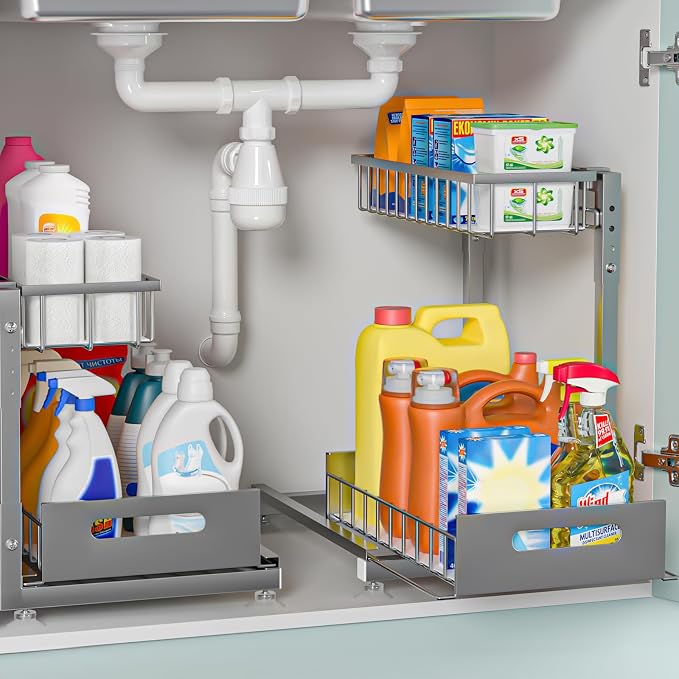 L-Shaped Under Sink Organizer, 2 Pack 2-Tier Pull Out Metal Kitchen Cabinet by Saydear
