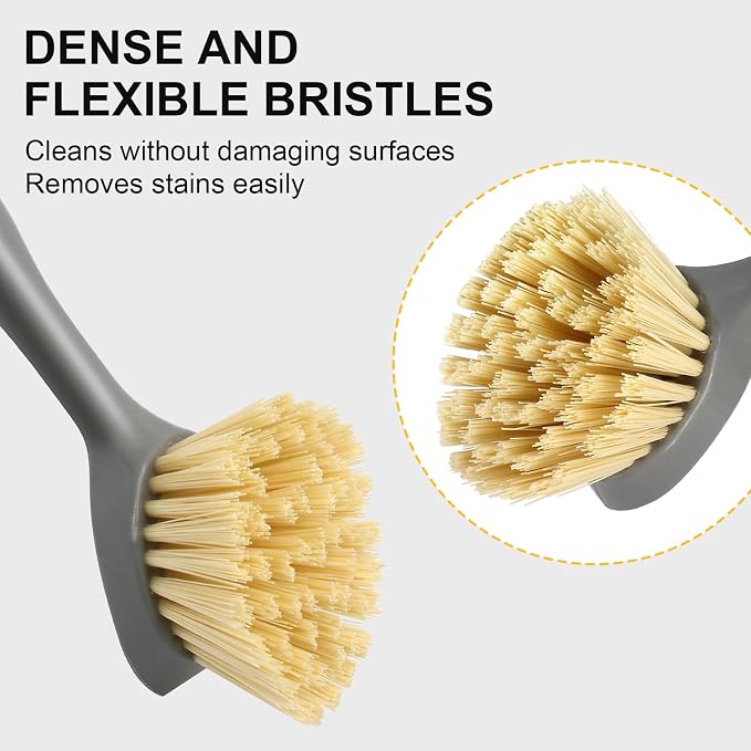 2 Pcs Kitchen Scrub Brush with Bamboo Handle, Dishwashing Brush Built-in Scraper - Image 3
