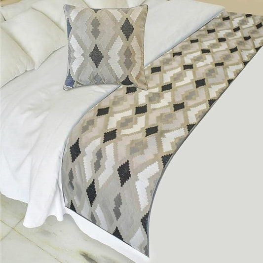 The HomeCentric King/Queen/Twin Beige Decorative Bed Runner Full 68"x18" Bed Runner with Two Pillow Cover, Embroidery,Aztec Bed Scarf on Linen Fabric - Thread Tale