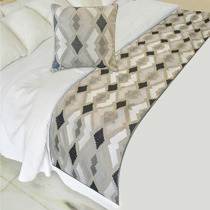 The HomeCentric King/Queen/Twin Beige Decorative Bed Runner Twin 53"x18" Bed Runner Without Pillow Cover, Embroidery,Aztec Bed Scarf on Linen Fabric - Thread Tale
