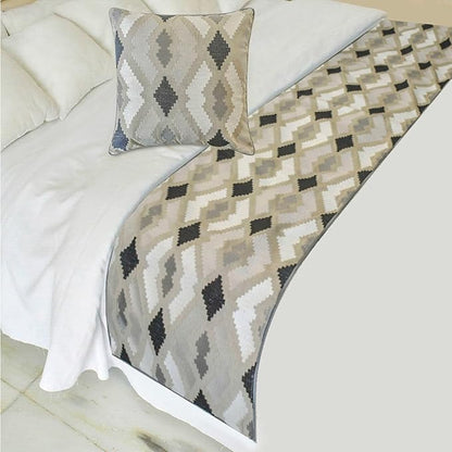 The HomeCentric King/Queen/Twin Beige Decorative Bed Runner Twin 53"x18" Bed Runner Without Pillow Cover, Embroidery,Aztec Bed Scarf on Linen Fabric - Thread Tale