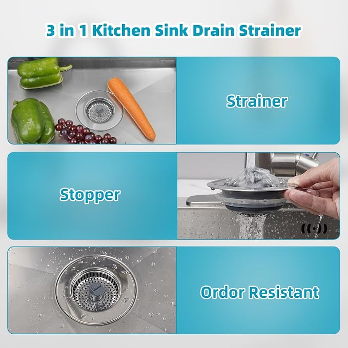Hibbent 3 in 1 Kitchen Sink Drain Strainer, Stainless Steel Wrapped Shell Drain - Image 6