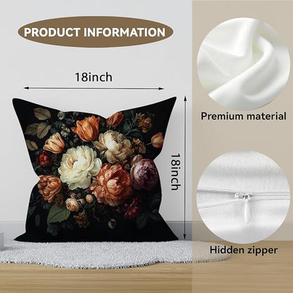 Vintage Floral Throw Pillow Covers, Vintage Flower Pattern Double Sided Cushion Cover, Indoor and Outdoor Home Art Decor Pillowcase for Sofa or Bedroom Decor 18x18inches (Black, 18x18inches)