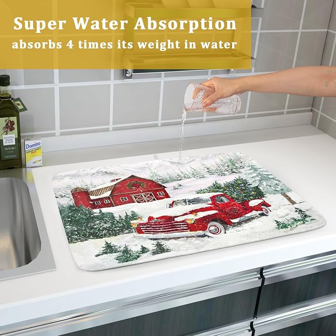 Winter Red Truck Dish Drying Mat Christmas Tree Dishes Pad 18x24 Inch Dish - Image 7